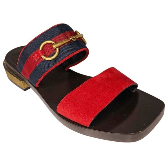 Gucci Shoes - Gucci Querelle Red Suede Web Stripe Slide Heeled Wooden Sandals Women Size 36.5